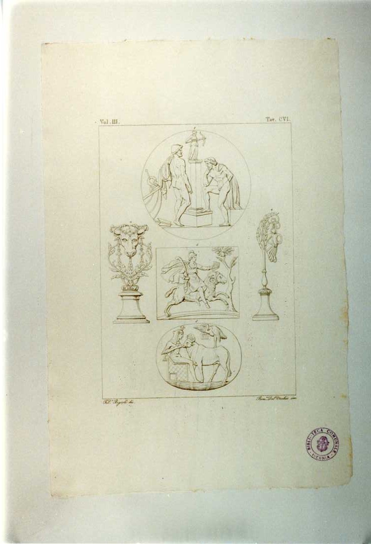 IDOLO A TESTA DI TORO ED ALTRI BASSORILIEVI (stampa smarginata, serie) di Del Vecchio Beniamino, Bigioli Filippo (sec. XIX)