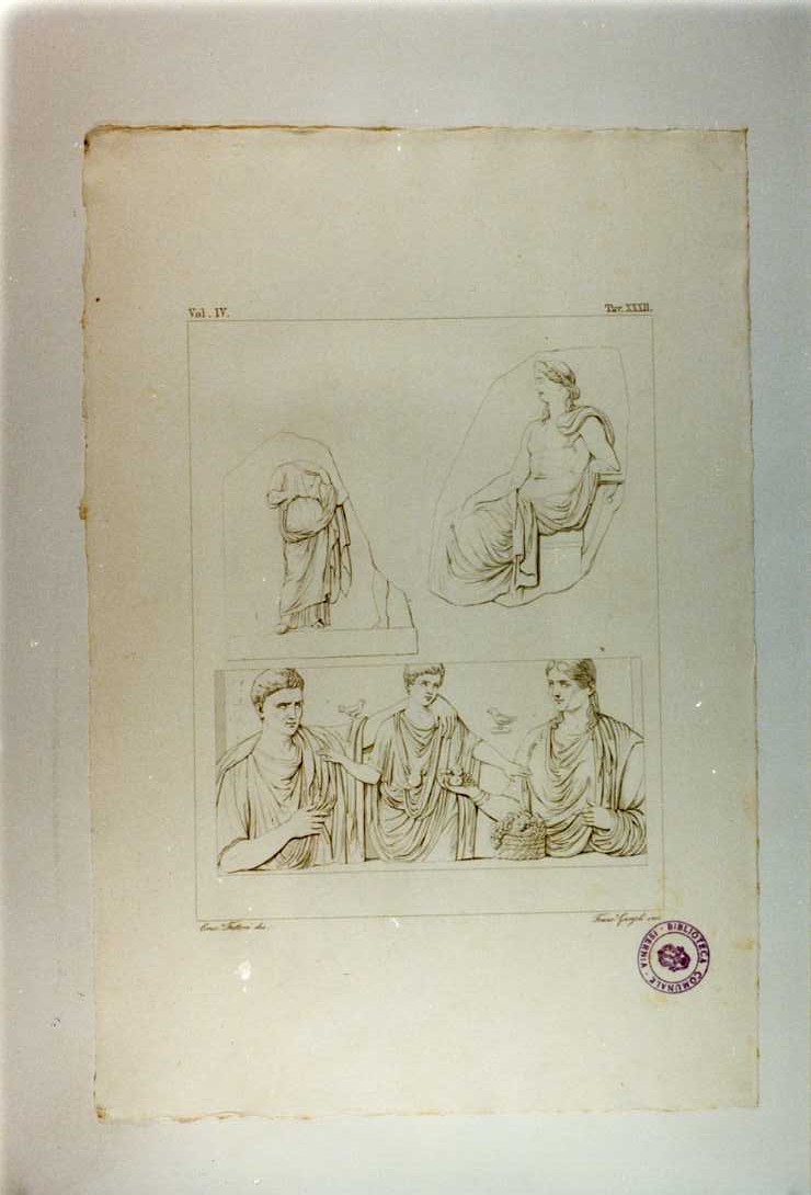 APOLLO SEDUTO; FIGURA IN PIEDI, CONIUGI CON FANCIULLO (RILIEVI) (stampa smarginata, serie) di Garzoli Francesco, Fattori Crescenzo (sec. XIX)