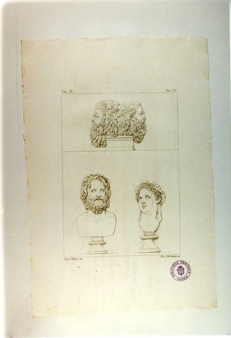 BACCO E SILENO; DUE BUSTI (stampa smarginata, serie) di Del Vecchio Beniamino, Fattori Crescenzo (sec. XIX)