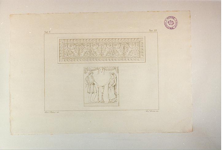 SCENA DI SACRIFICIO FUNEBRE CON FREGIO A DECORAZIONI VEGETALI (stampa, serie) di Costa Annibale, Fattori Crescenzo (sec. XIX)