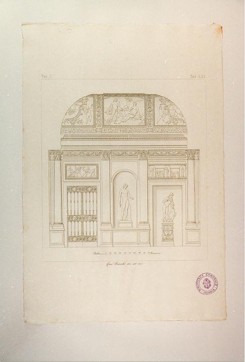 PROSPETTO DI UNA DELLE STANZE DELLE MASCHERE CON STATUA E SCENE DIPINTE (stampa smarginata, serie) di De Angelis Domenico, Bianchi Giuseppe (sec. XIX)