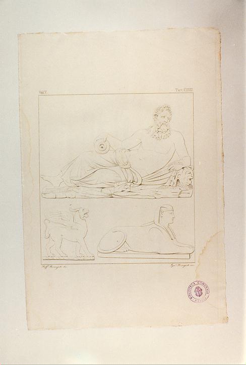 STATUE DI SFINGE ED IPPOGRIFO CON DIVINITA' FLUVIALE (stampa smarginata, serie) di Bonaiuti Ignazio, Bonaiuti Raffaele (sec. XIX)