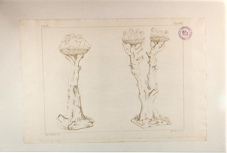 TRONCHI D'ALBERO CON PUTTINI (stampa tagliata, serie) di Consorti Girolamo, Podesti Vincenzo (sec. XIX)