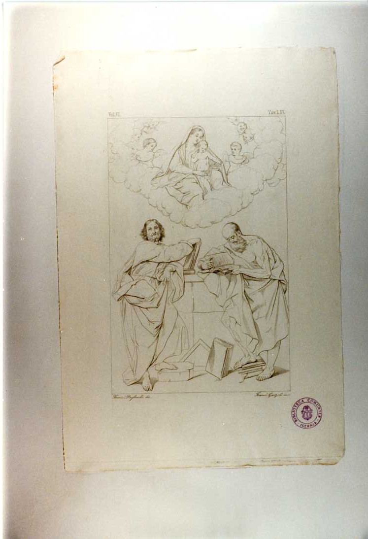 MADONNA COL BAMBINO E I SANTI TOMMASO E GIROLAMO, MADONNA COL BAMBINO E I SANTI TOMMASO E GIROLAMO (stampa tagliata, serie) di Reni Guido, Garzoli Francesco, Pagliuolo Francesco (sec. XIX)