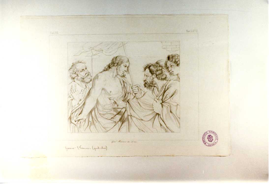 INCREDULITA' DI SAN TOMMASO, SAN TOMMASO (stampa tagliata, serie) di Barbieri Giovan Francesco detto Guercino, Marcucci Giuseppe (sec. XIX)