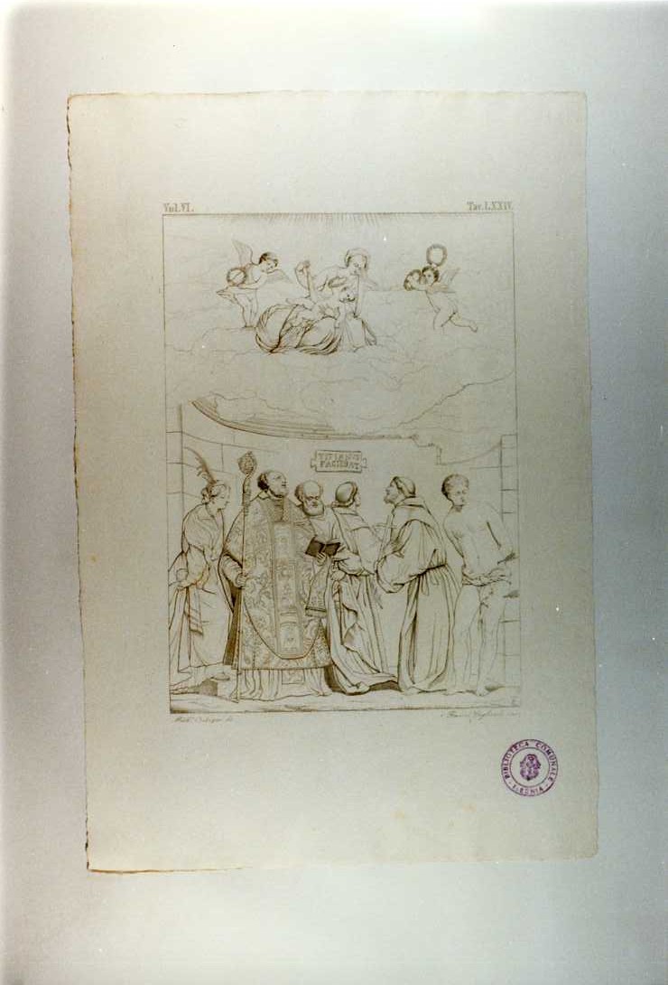 MADONNA COL BAMBINO E I SS. SEBASTIANO, FRANCESCO, ANTONIO DA PADOVA, PIETRO .., MADONNA CON BAMBINO E SANTI (stampa tagliata, serie) di Vecellio Tiziano, Pagliuolo Francesco, Cortazzo Michele (sec. XIX)