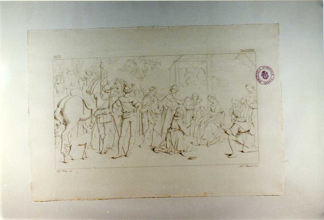 EPIFANIA, ADORAZIONE DEI MAGI (stampa tagliata, serie) di Sanzio Raffaello, Ferrari Nicola, Pozzi Stefano (sec. XIX)