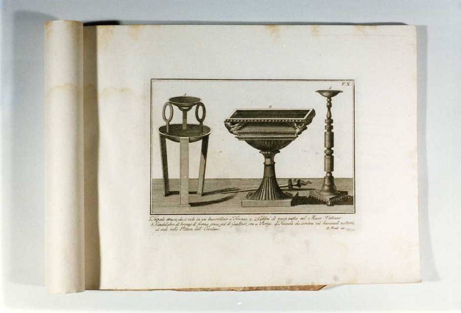 TRIPODE ETRUSCO; VASCA; CANDELABRO GRECO (stampa, serie) di Pronti Domenico (fine/ inizio secc. XVIII/ XIX)
