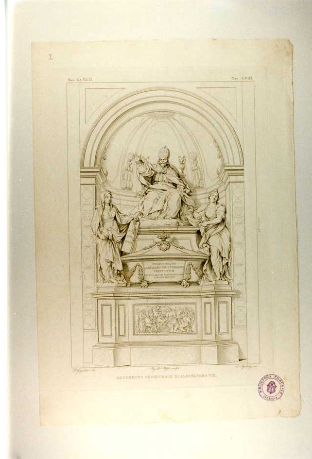 MONUMENTO FUNEBRE DI ALESSANDRO VIII (stampa, serie) di De Rossi Angelo, Apolloni Quintilio Maria, Guglielmi Pablo (prima metà sec. XIX)