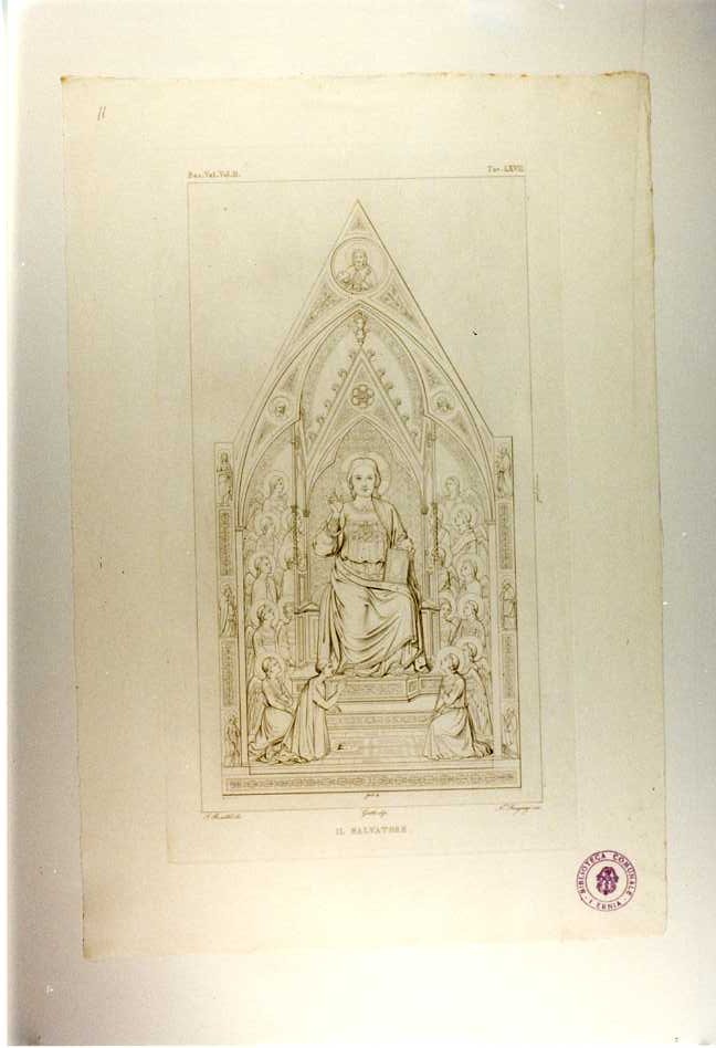 POLITTICO STEFANESCHI (TAVOLA CENTRALE, VERSO), CRISTO IN TRONO TRA ANGELI E CARDINAL STEFANESCHI (stampa, serie) di Giotto di Bondone, Sangiorgi Nicola, Busuttil Salvatore (prima metà sec. XIX)