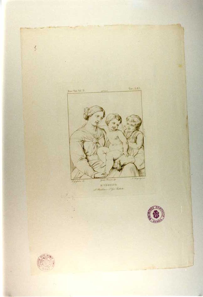 MADONNA CON BAMBINO E SAN GIOVANNINO (stampa, serie) di Pippi Giulio detto Giulio Romano, Sangiorgi Nicola, Guglielmi Pablo (prima metà sec. XIX)