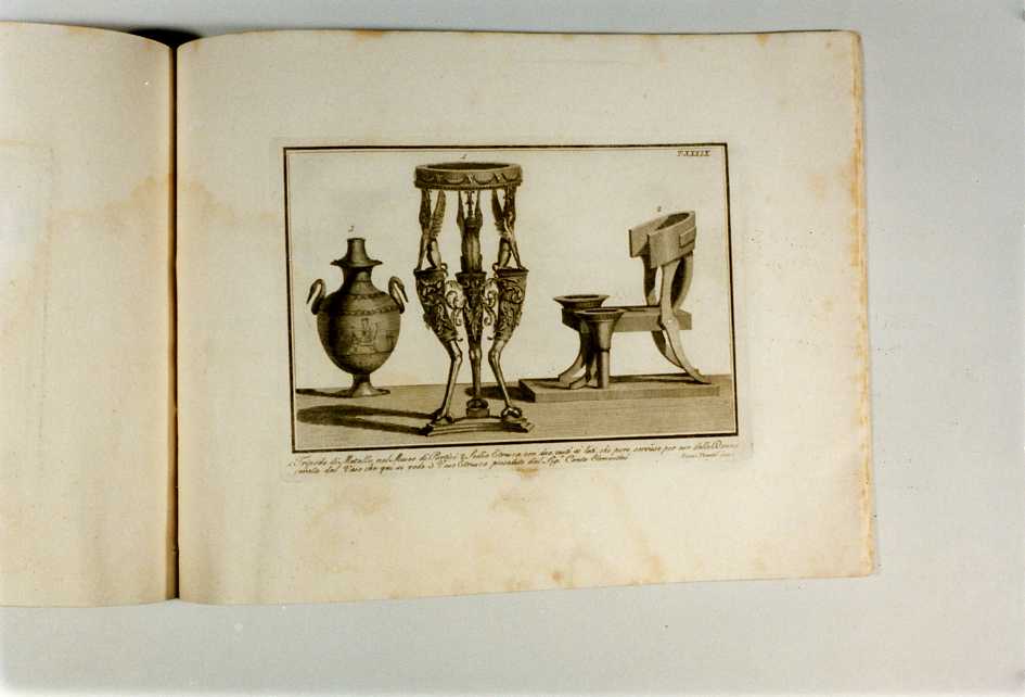TRIPODE; SEDIA ETRUSCA; VASO ETRUSCO (stampa, serie) di Pronti Domenico (fine/ inizio secc. XVIII/ XIX)