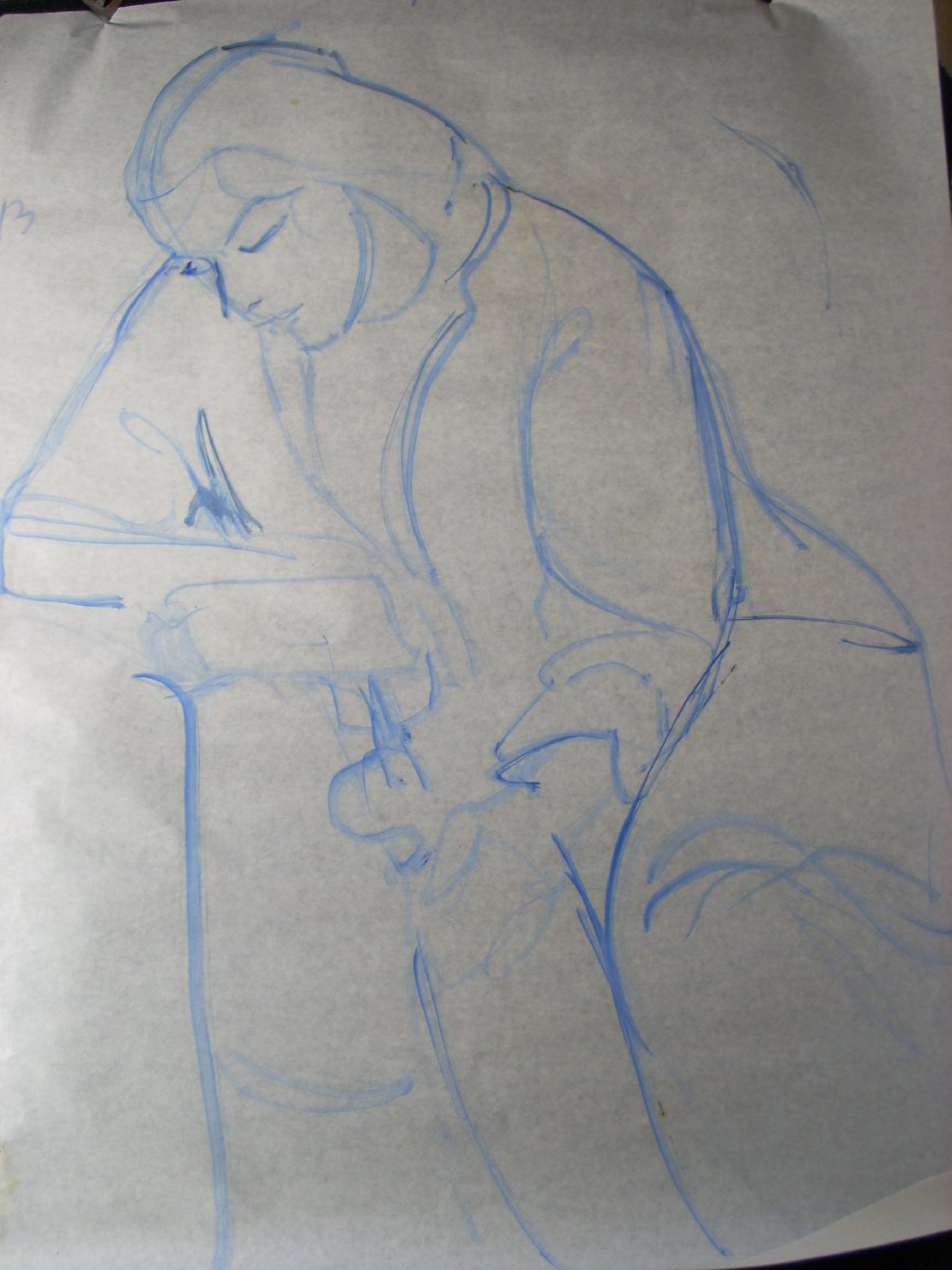 Schizzo in blu 1, figura femminile seduta (disegno) di Ciamarra Elena (sec. XX)