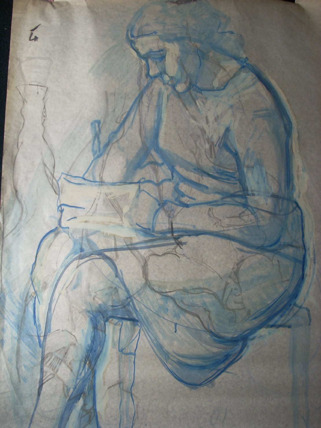 Schizzo in blu 26, figura femminile seduta (disegno) di Ciamarra Elena (sec. XX)