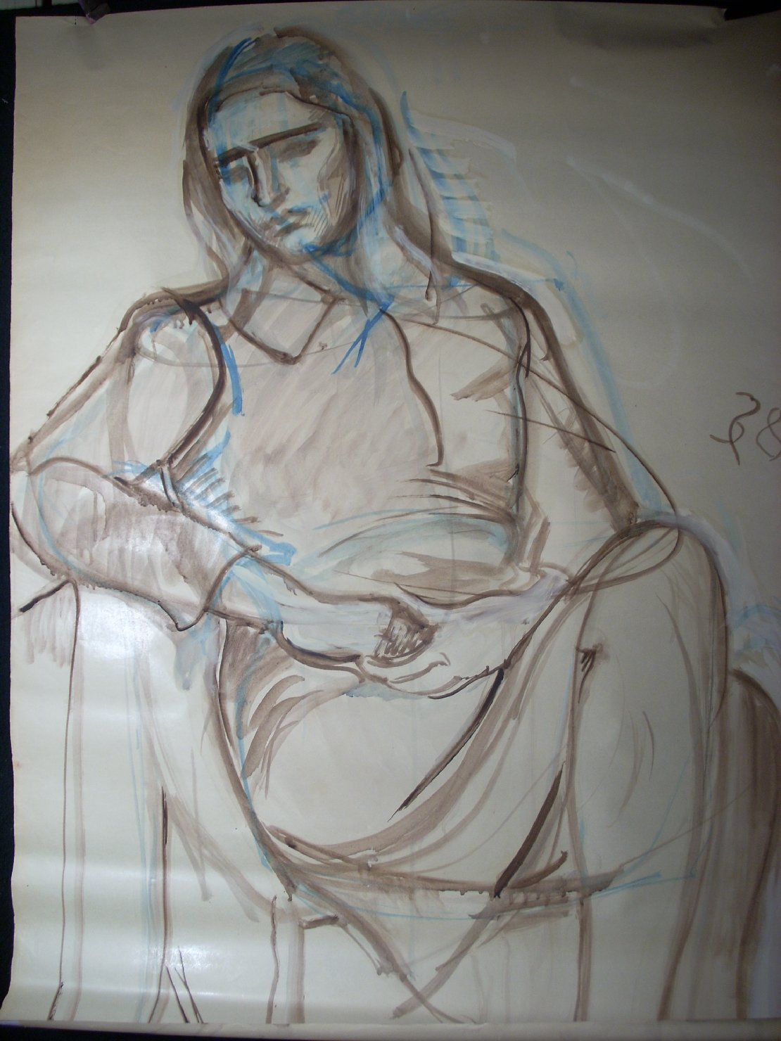 Schizzo in blu e nero 5, figura femminile seduta (disegno) di Ciamarra Elena (sec. XX)
