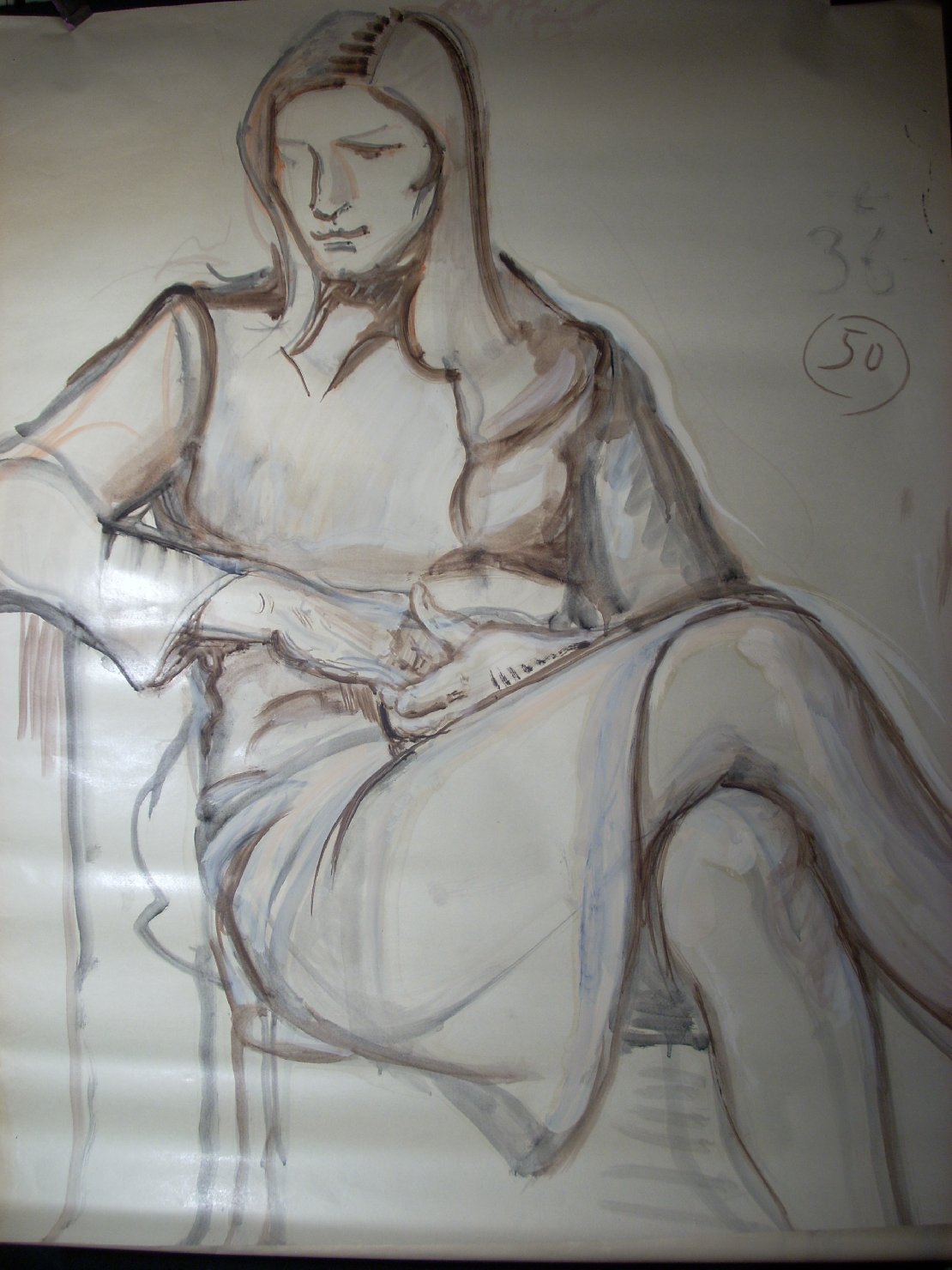 Schizzo in marrone 10, figura femminile seduta (disegno) di Ciamarra Elena (sec. XX)