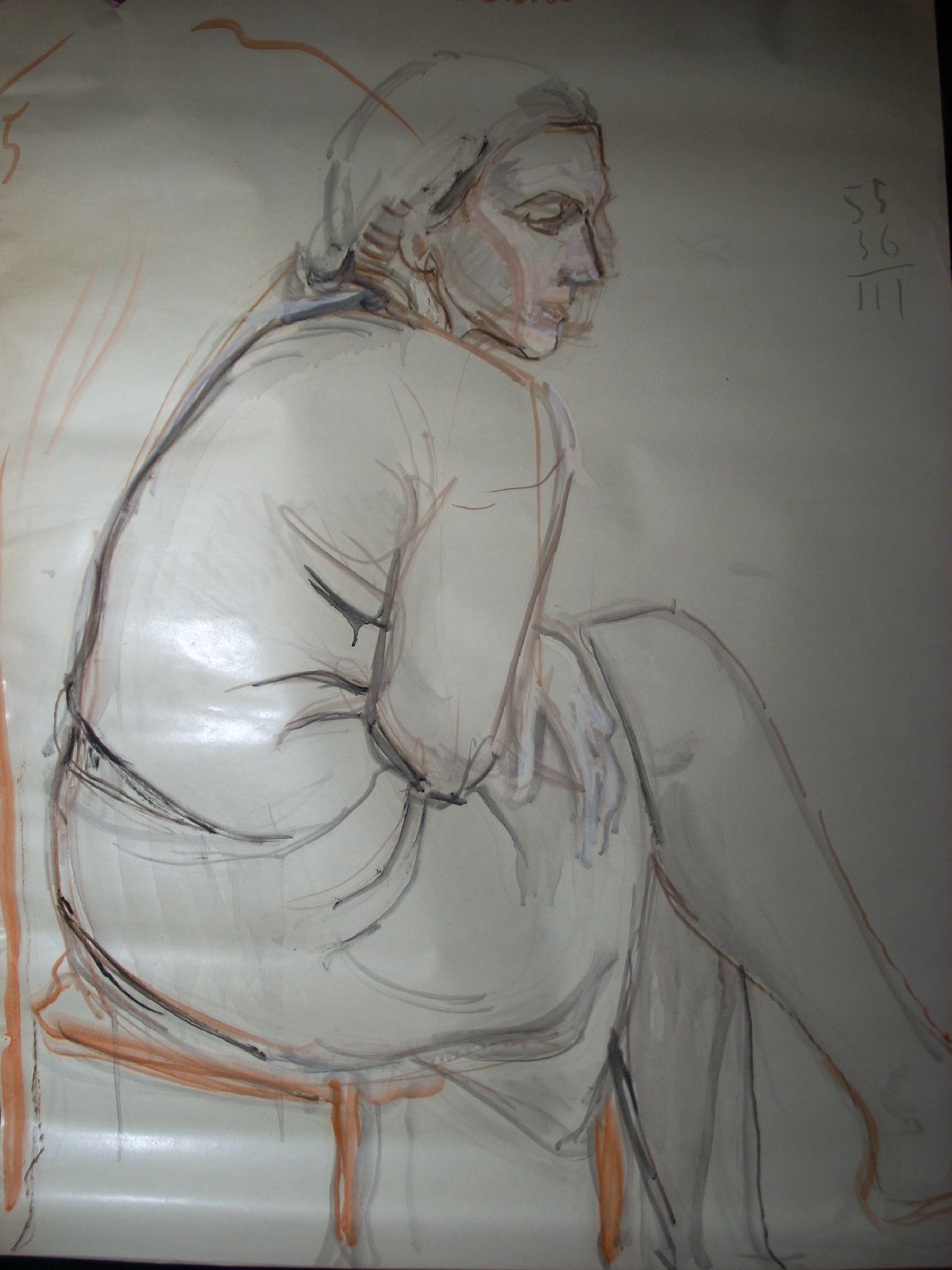 Schizzo in nero, arancio e rosa, figura femminile seduta (disegno) di Ciamarra Elena (sec. XX)