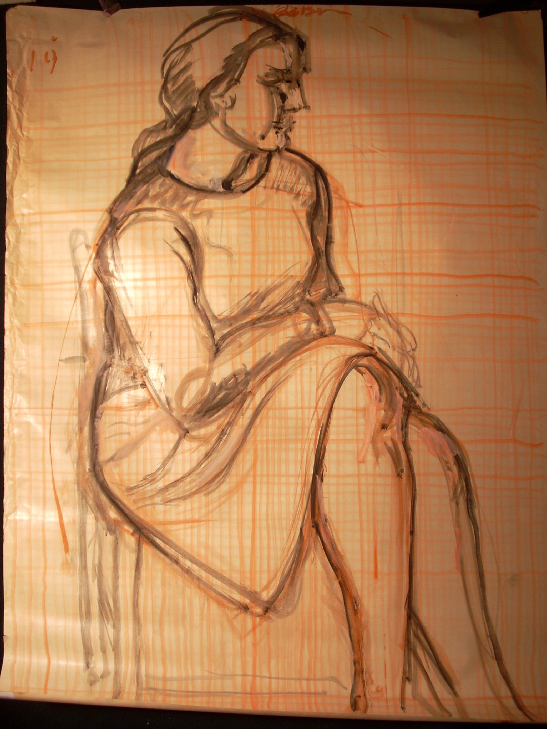 Schizzo in nero e arancio 9, figura femminile seduta (disegno) di Ciamarra Elena (sec. XX)