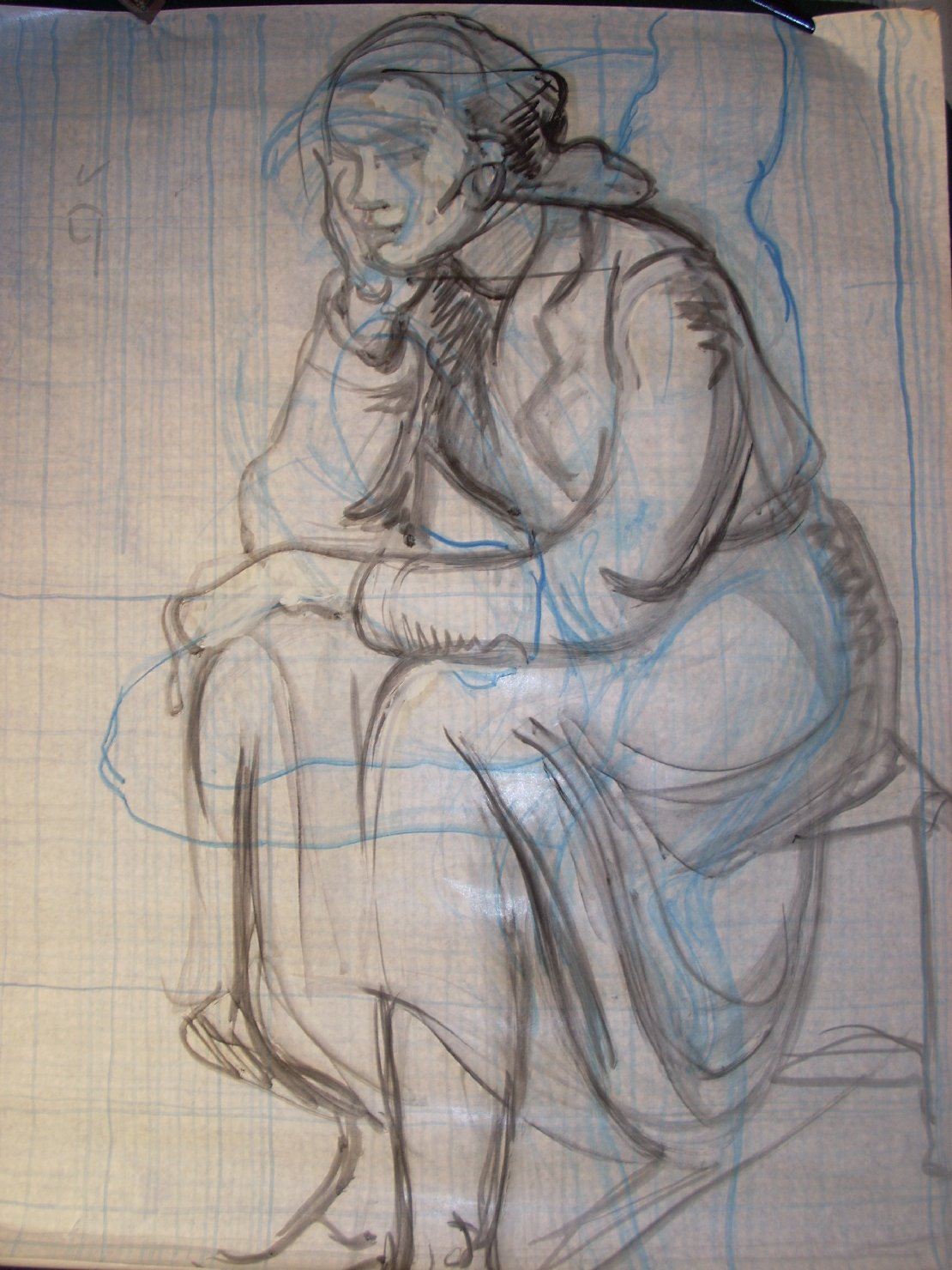 Schizzo in blu e nero, figura femminile seduta (disegno) di Ciamarra Elena (sec. XX)