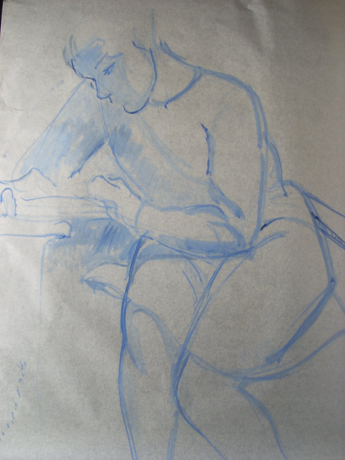 Donna con libro in blu, figura femminile seduta (disegno) di Ciamarra Elena (sec. XX)