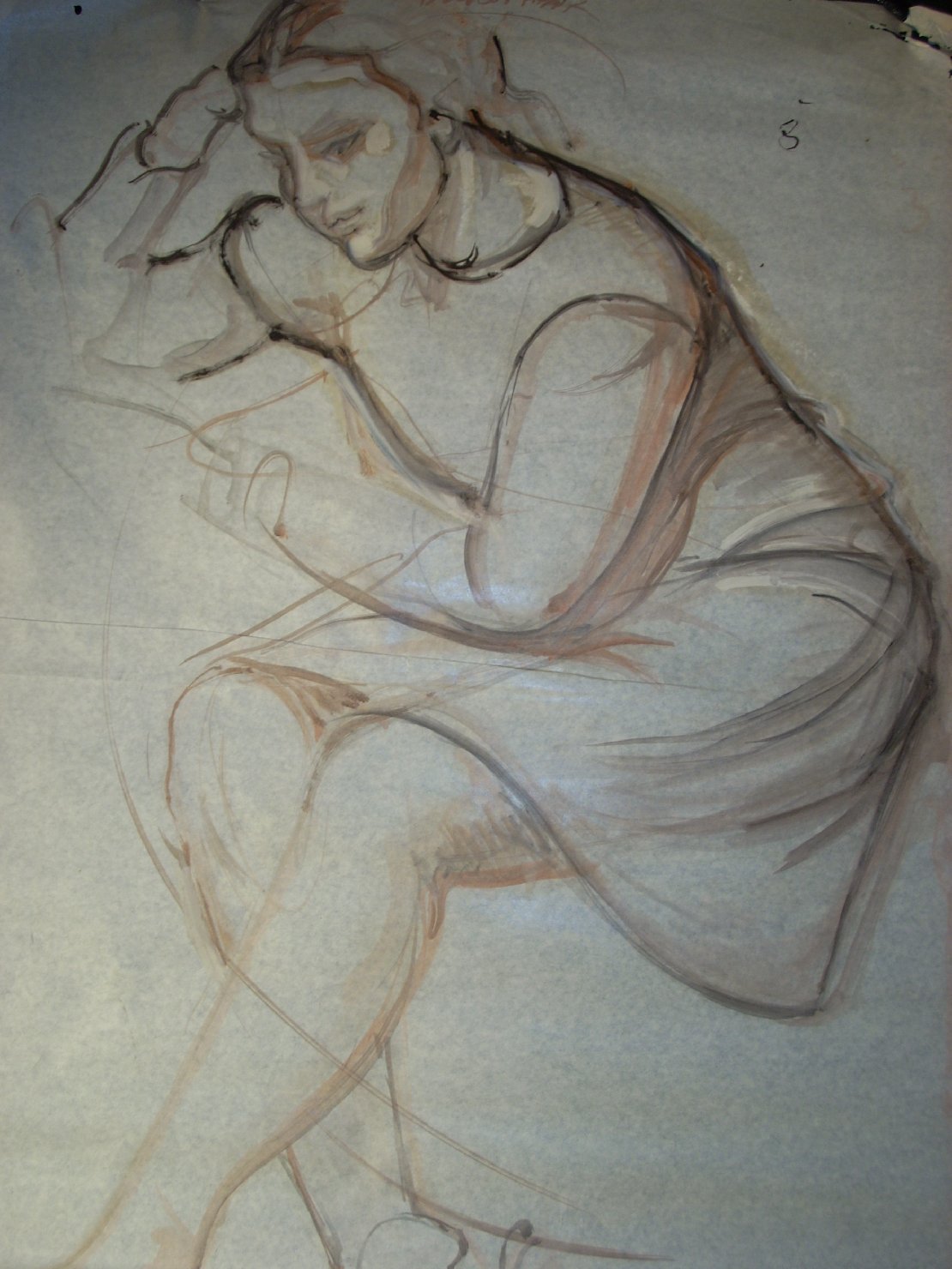 Schizzo in nero e arancio 1, figura femminile seduta (disegno) di Ciamarra Elena (sec. XX)