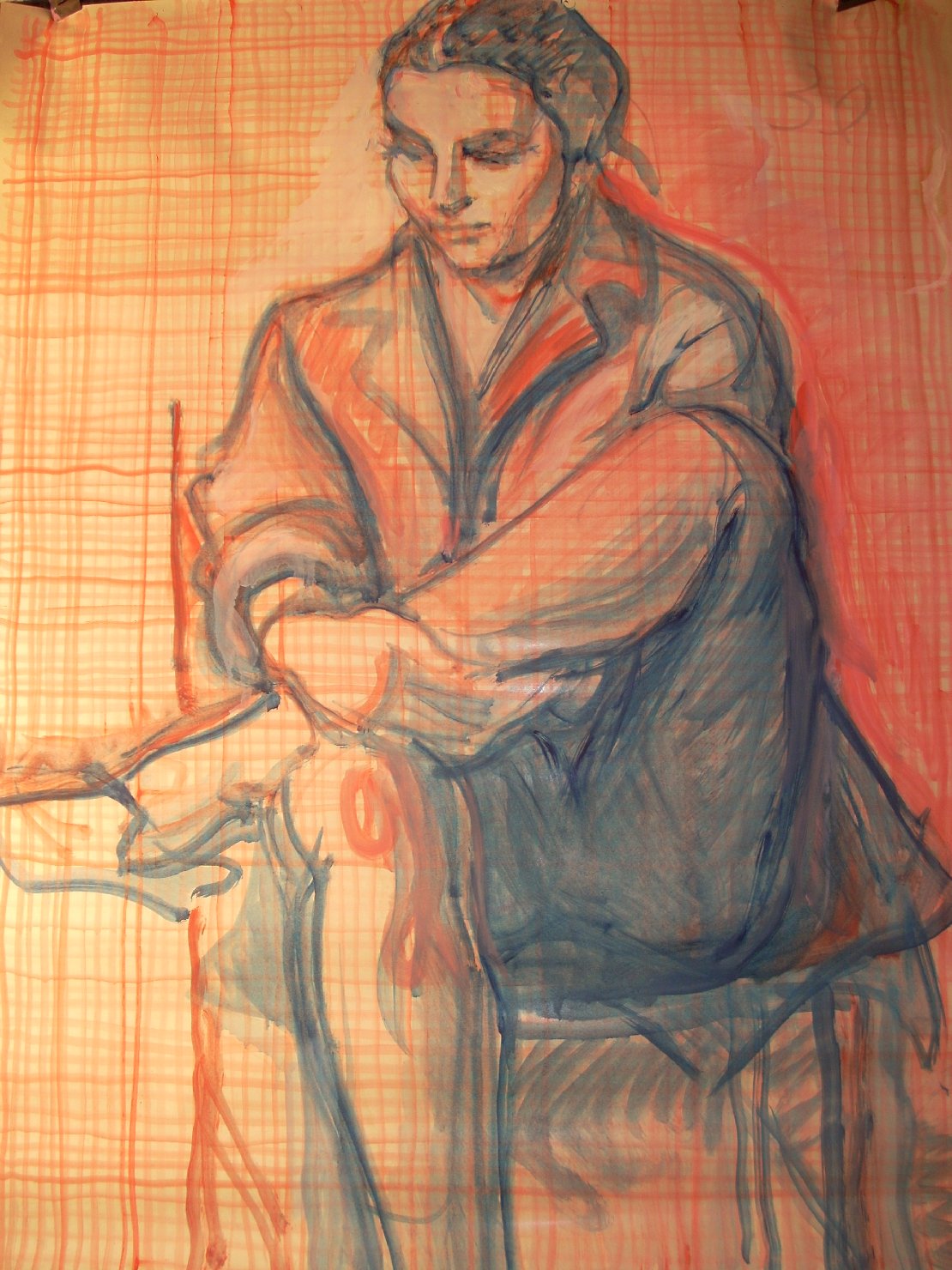 Schizzo in blu e rosa, figura femminile seduta (disegno) di Ciamarra Elena (sec. XX)