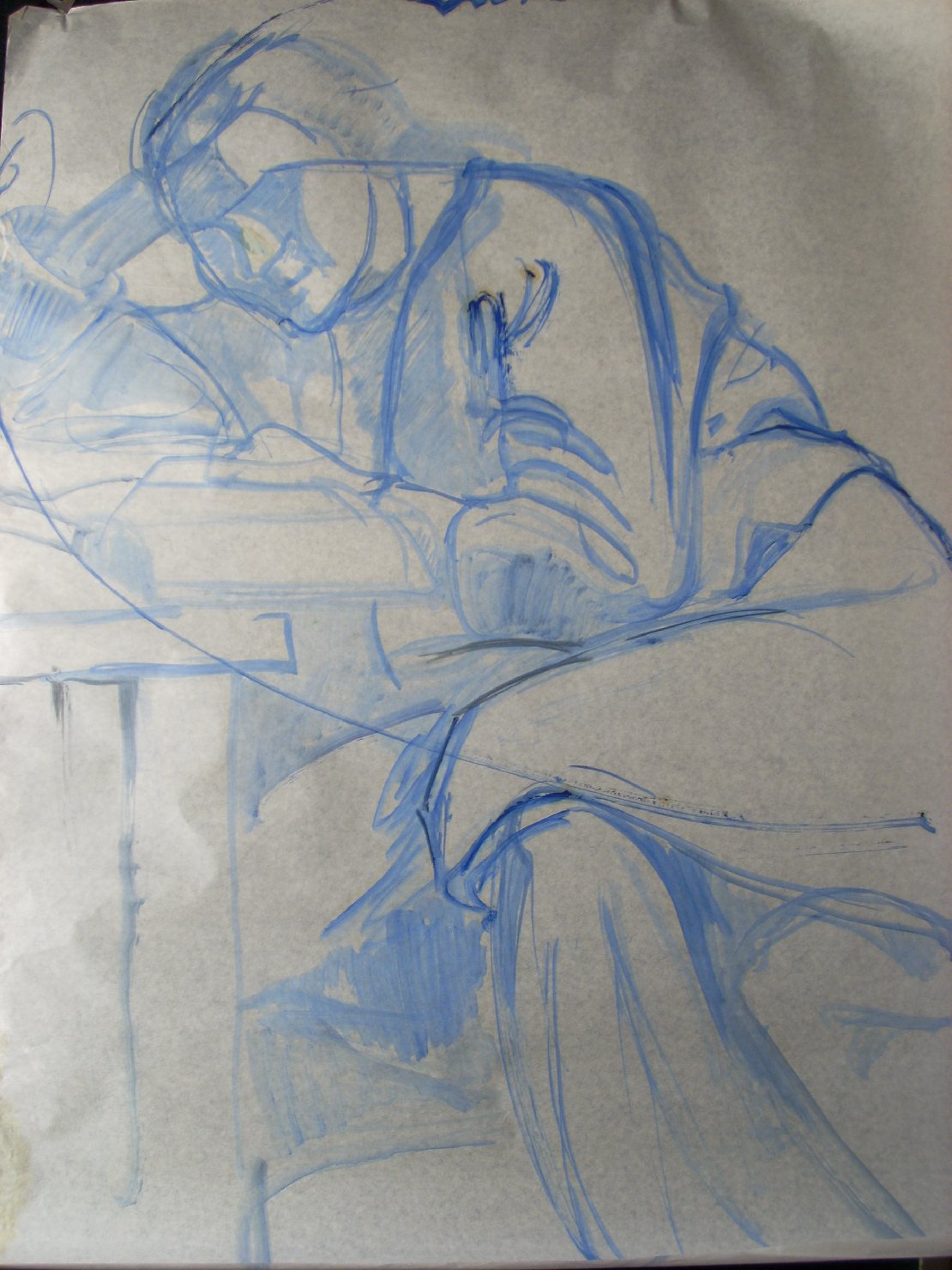 Donna con libro in blu 1, figura femminile seduta (disegno) di Ciamarra Elena (sec. XX)