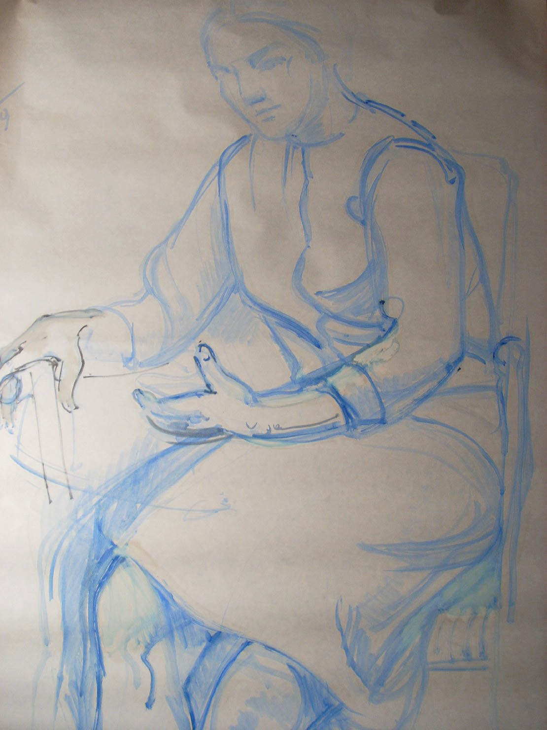 Schizzo in blu 24, figura femminile seduta (disegno) di Ciamarra Elena (sec. XX)
