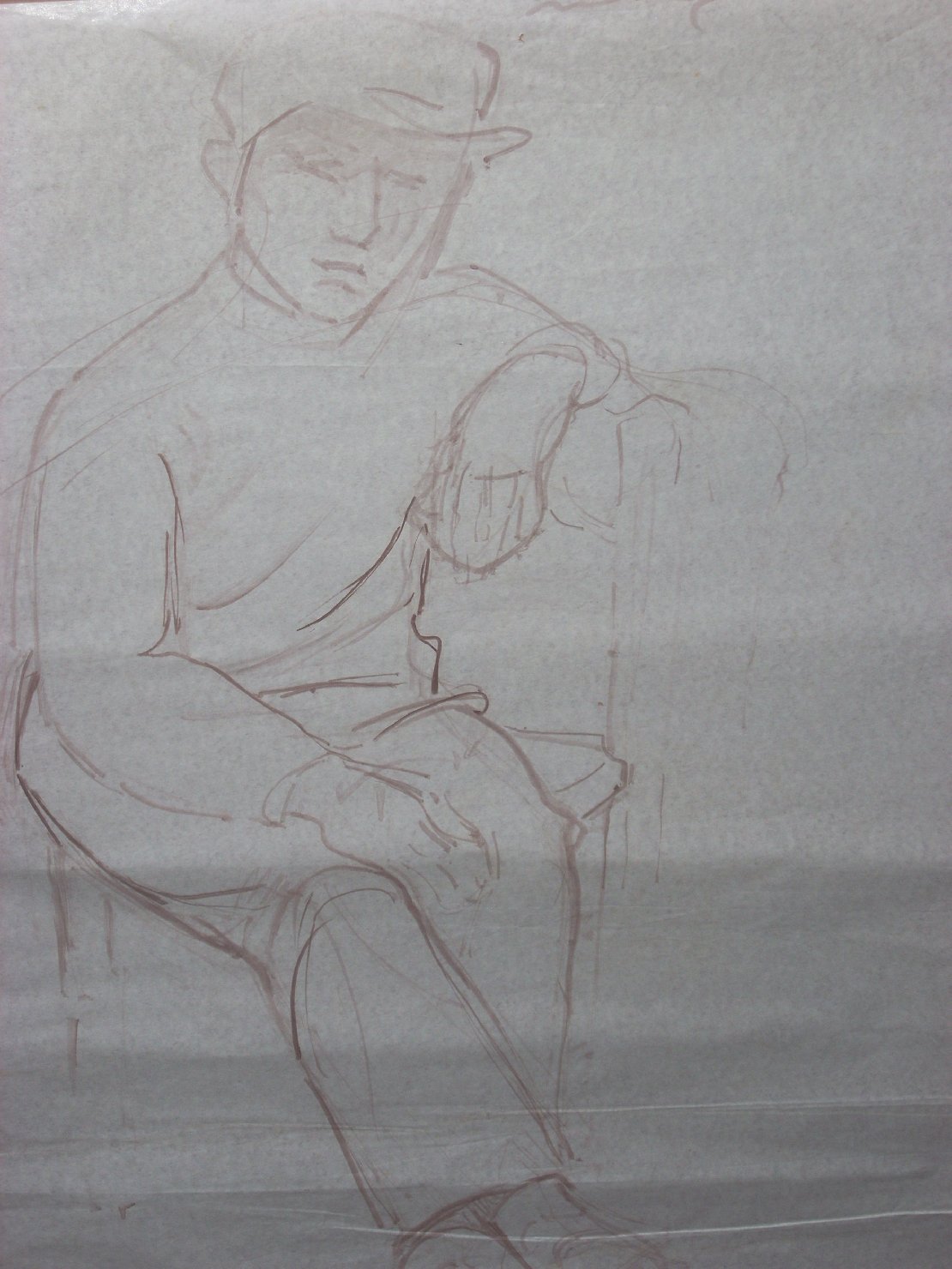 Uomo con berretto, figura maschile seduta (disegno) di Ciamarra Elena (sec. XX)