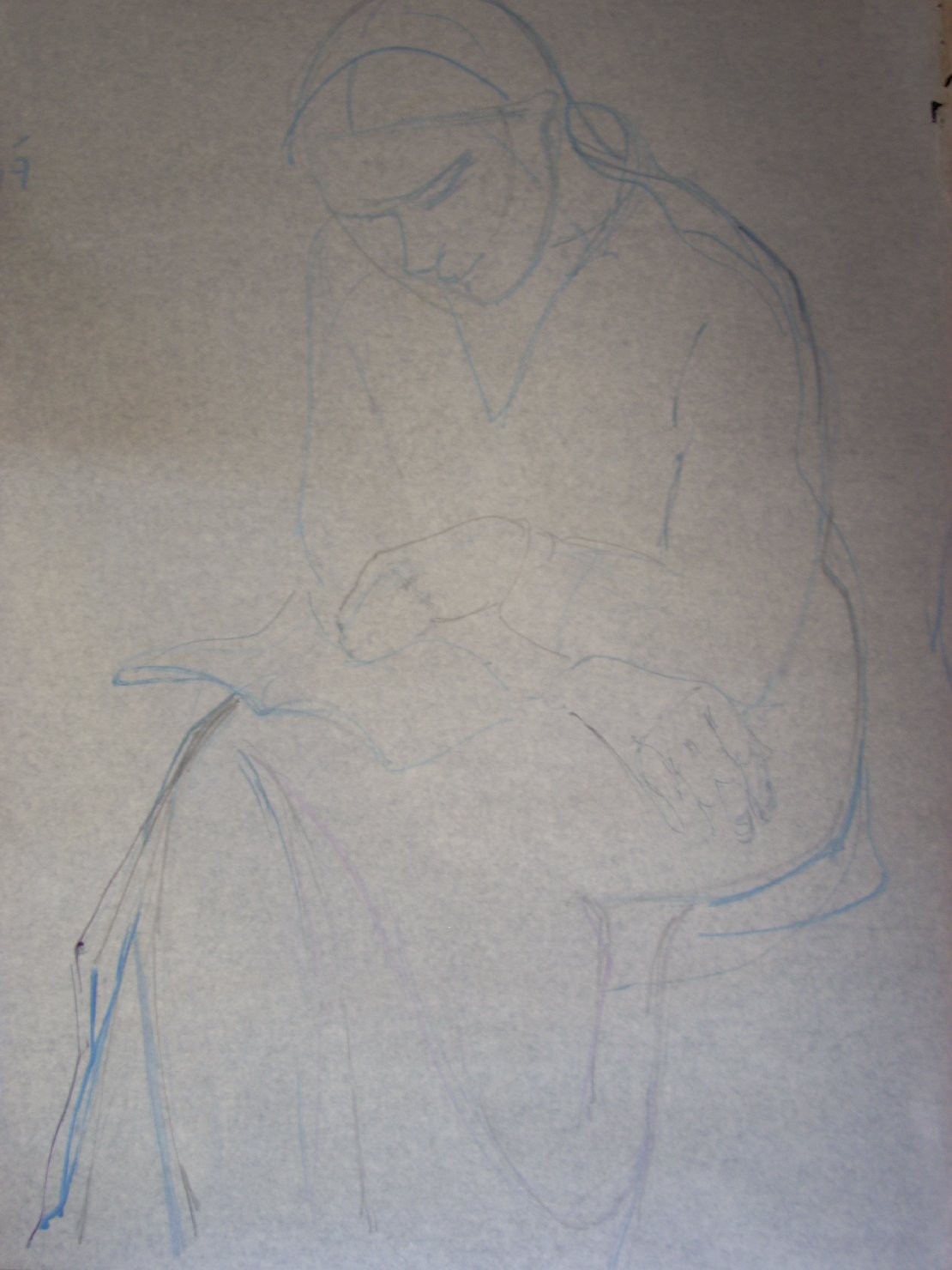 Donna chinata su libro, figura femminile seduta (disegno) di Ciamarra Elena (sec. XX)