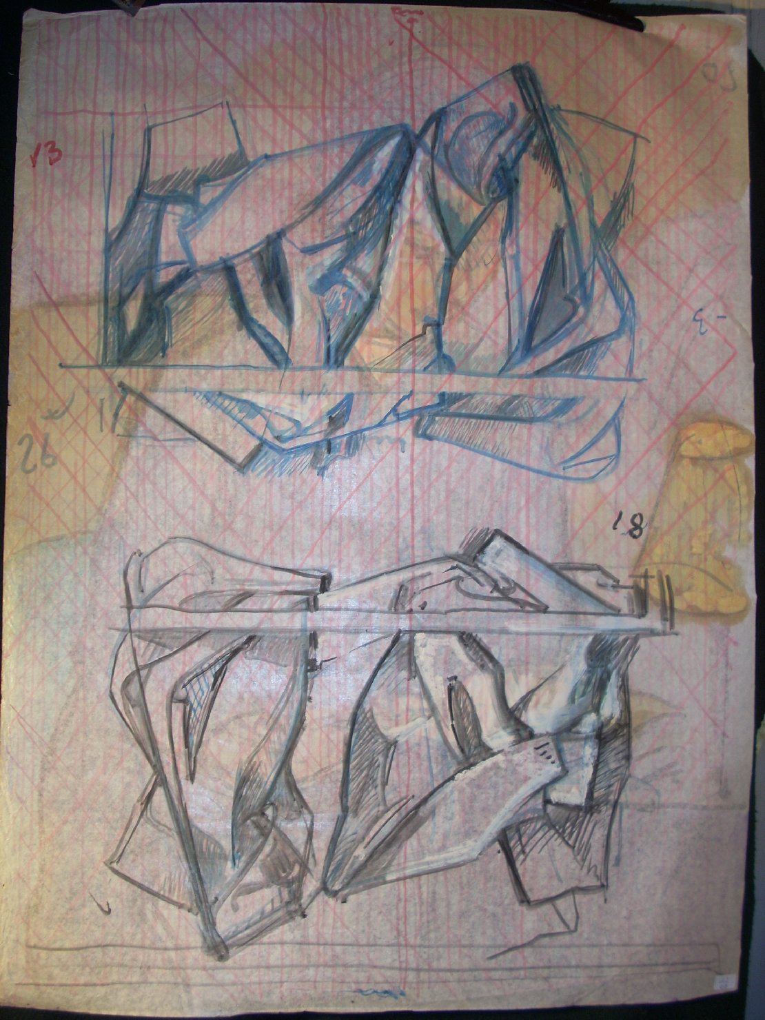 Studio di pieghe in blu e nero (disegno) di Ciamarra Elena (sec. XX)