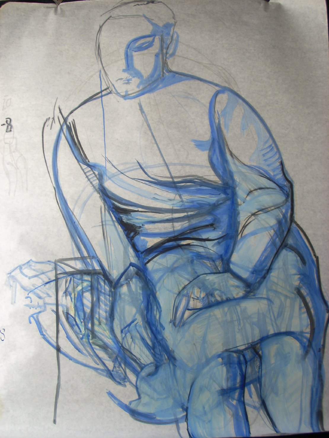 Garconne in blu con schizzo di nudo, figura femminile seduta (disegno) di Ciamarra Elena (sec. XX)