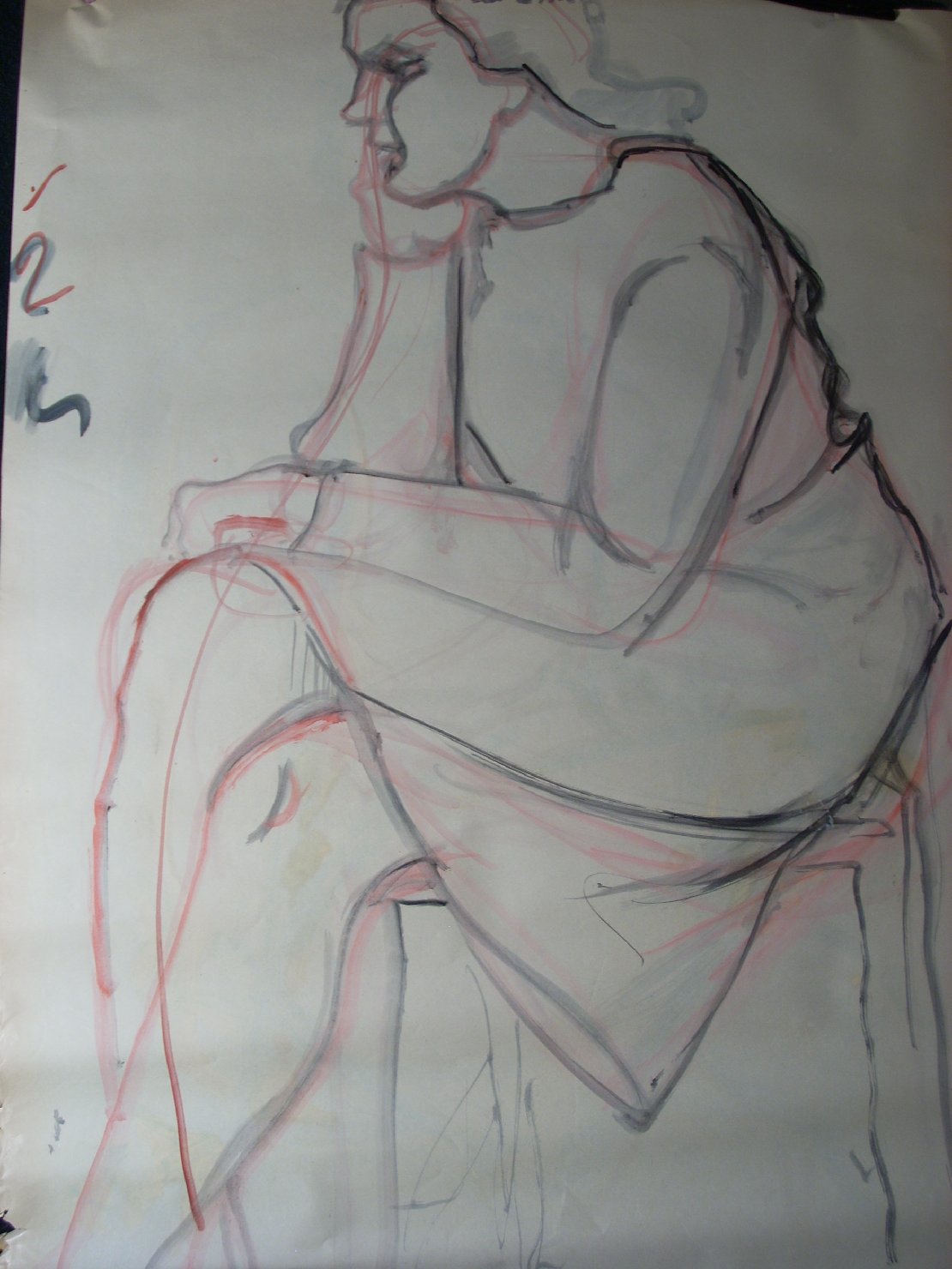 Schizzo in rosa e nero 1, figura femminile seduta (disegno) di Ciamarra Elena (sec. XX)