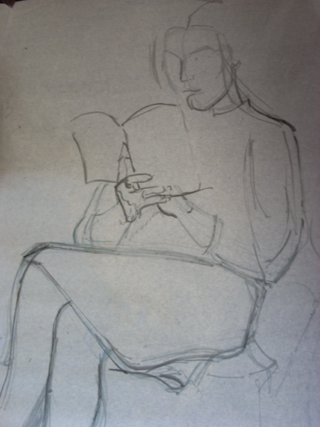 Donna con libro aperto davanti al viso, figura femminile seduta (disegno) di Ciamarra Elena (sec. XX)