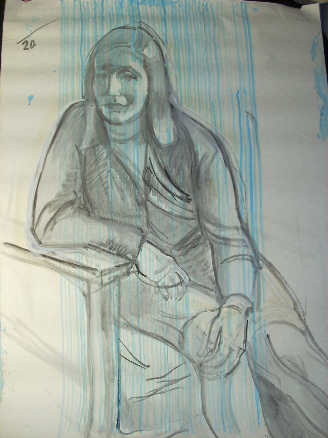 Ritratto in blu e nero 1, figura femminile seduta (disegno) di Ciamarra Elena (sec. XX)