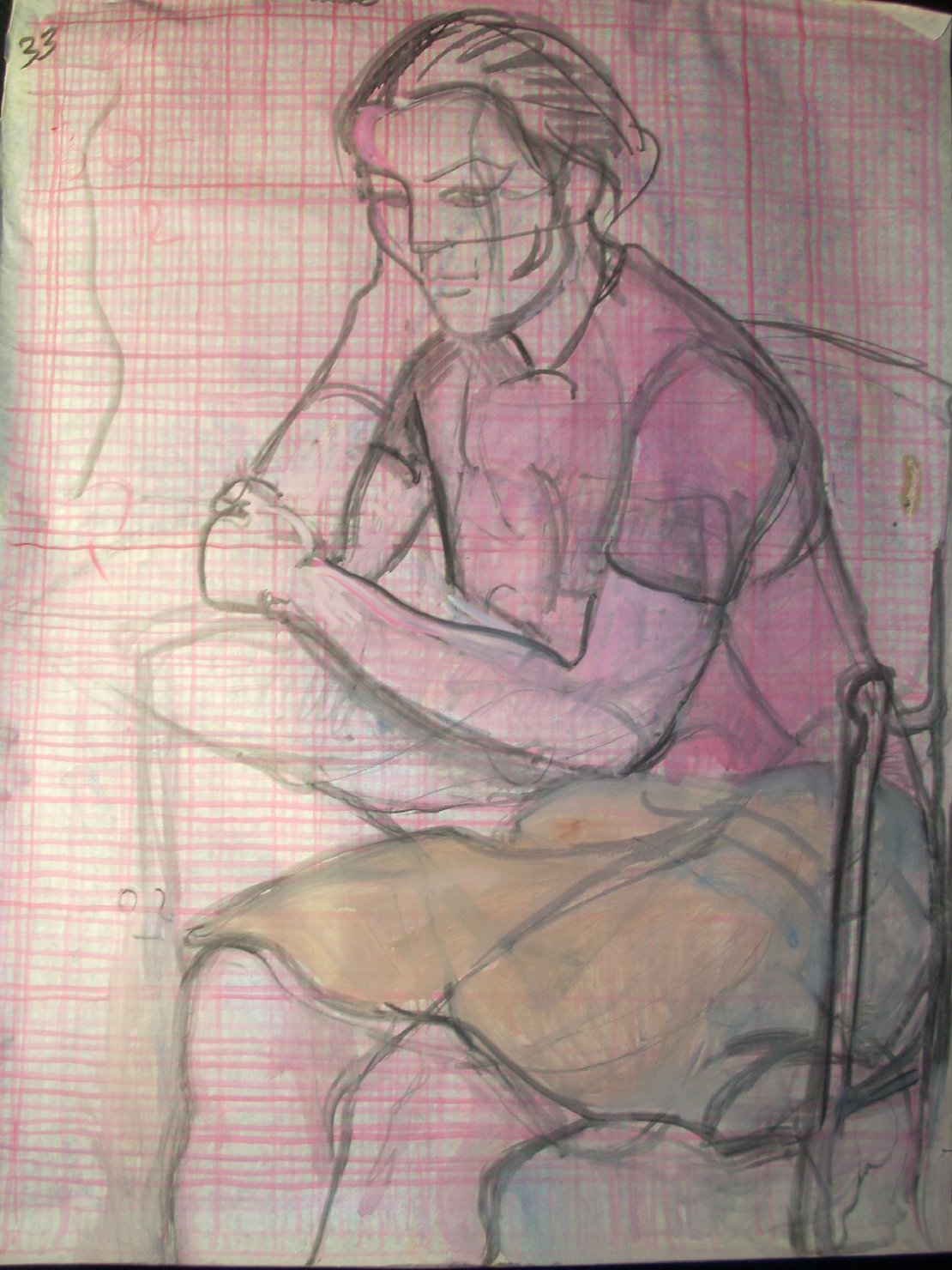 Schizzo in rosa e nero 5, figura femminile seduta (disegno) di Ciamarra Elena (sec. XX)