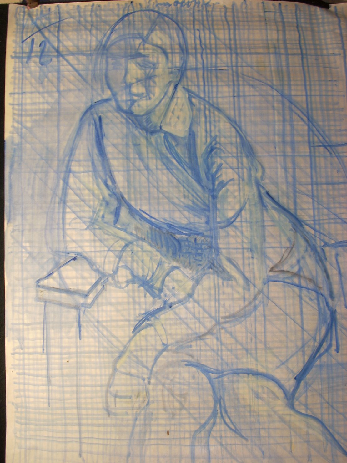 Schizzo in blu 13, figura femminile seduta (disegno) di Ciamarra Elena (sec. XX)