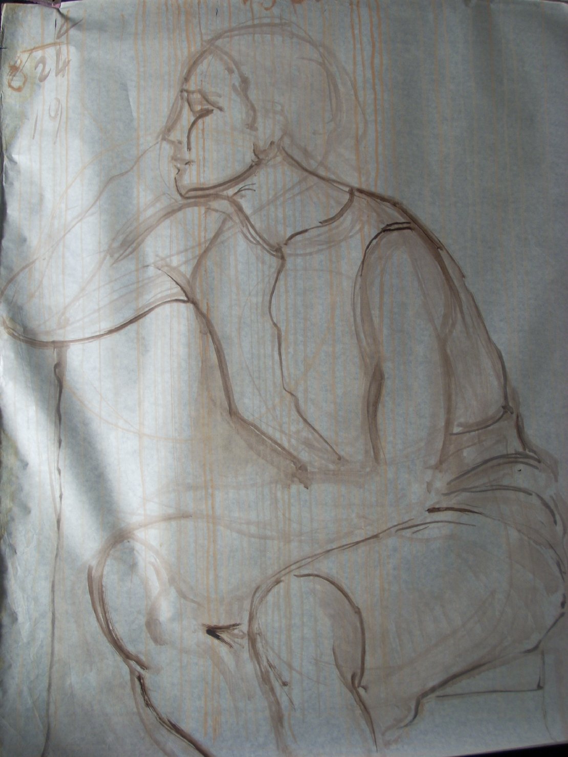Schizzo in marrone 5, figura femminile seduta (disegno) di Ciamarra Elena (sec. XX)