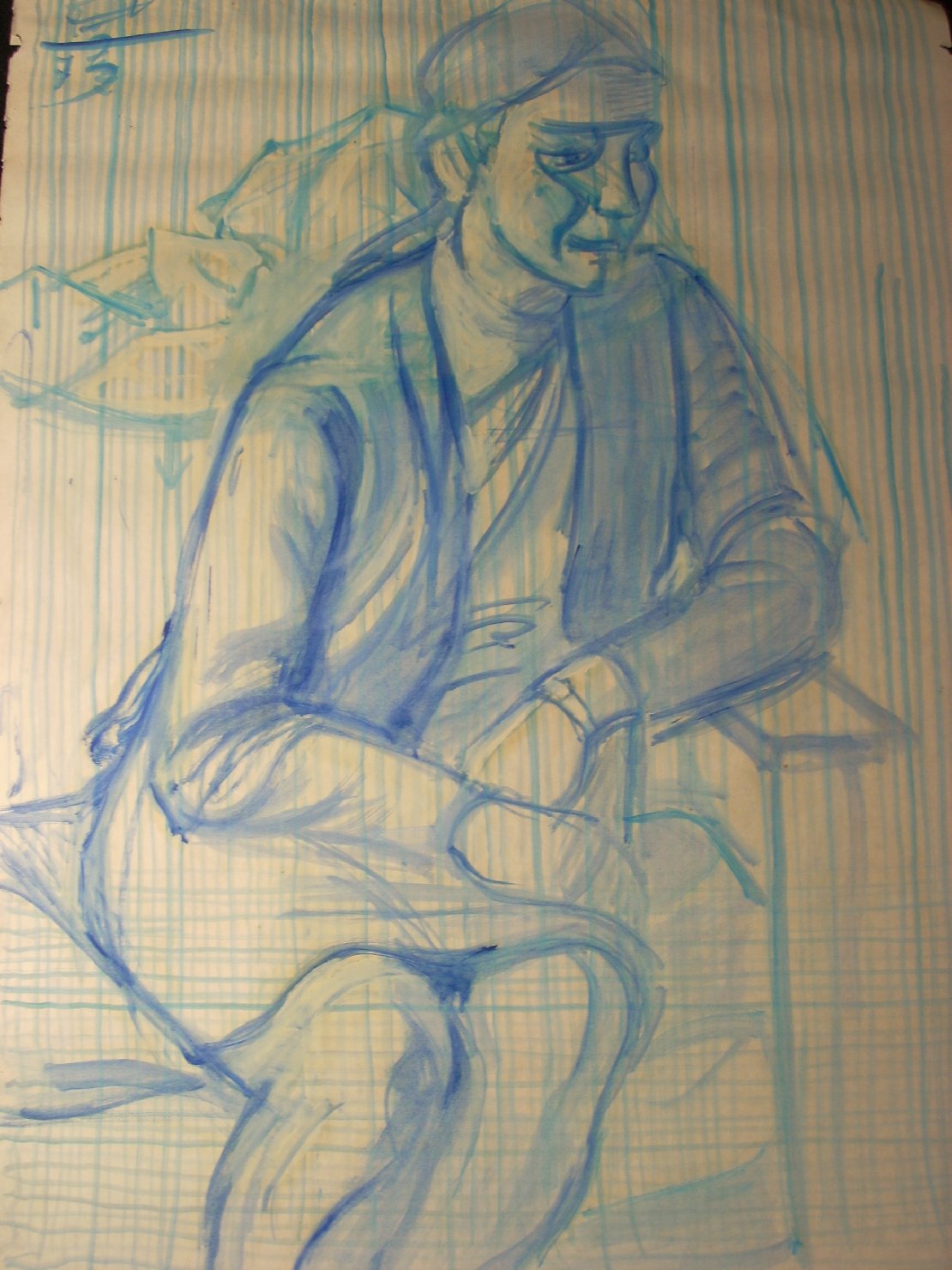 Schizzo in blu 14, figura femminile seduta (disegno) di Ciamarra Elena (sec. XX)