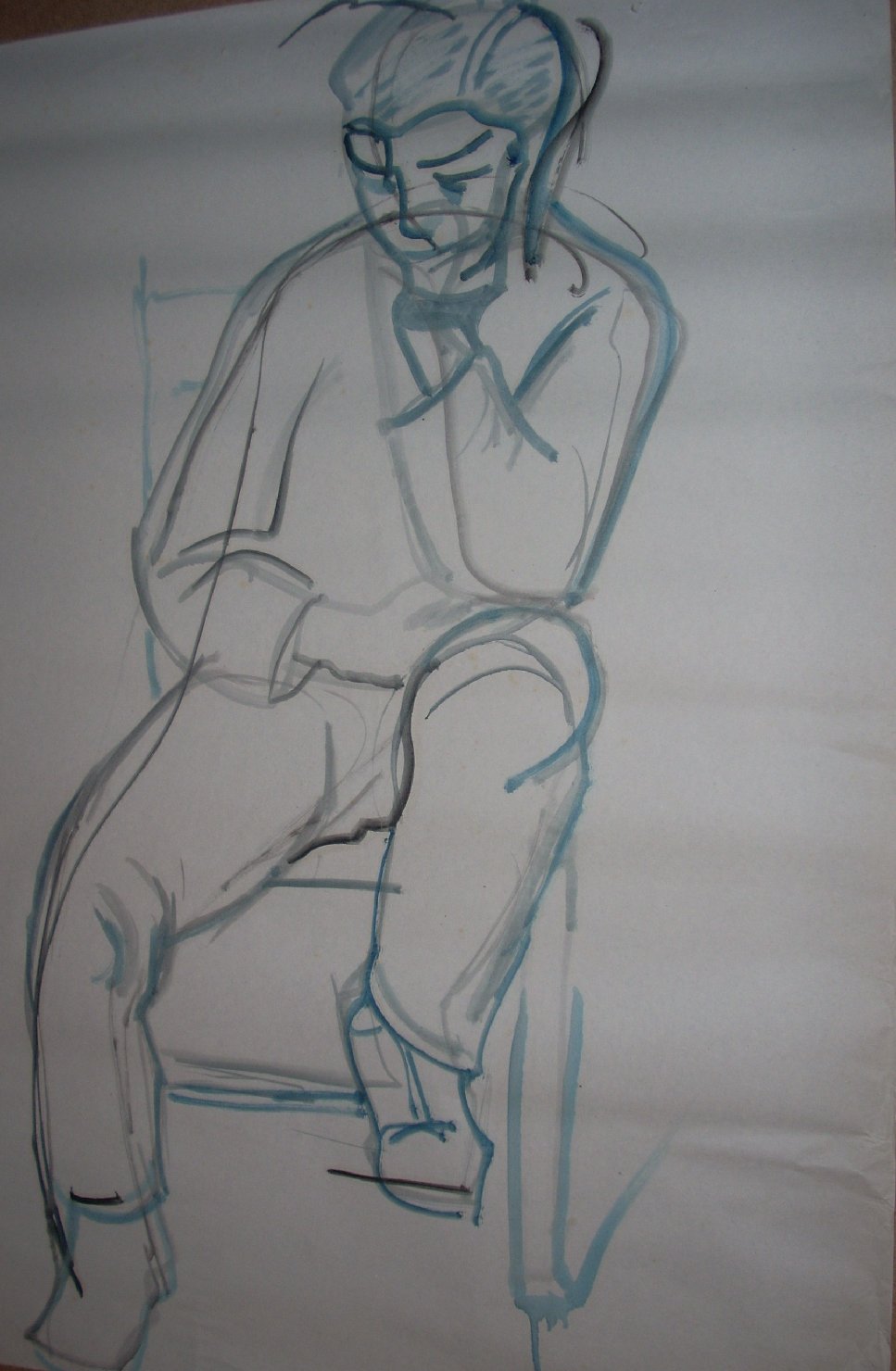Ragazzo seduto in blu 2, figura maschile seduta (disegno) di Ciamarra Elena (sec. XX)