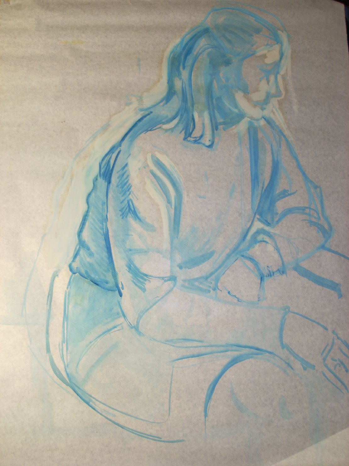 Schizzo in blu 15, figura femminile seduta (disegno) di Ciamarra Elena (sec. XX)