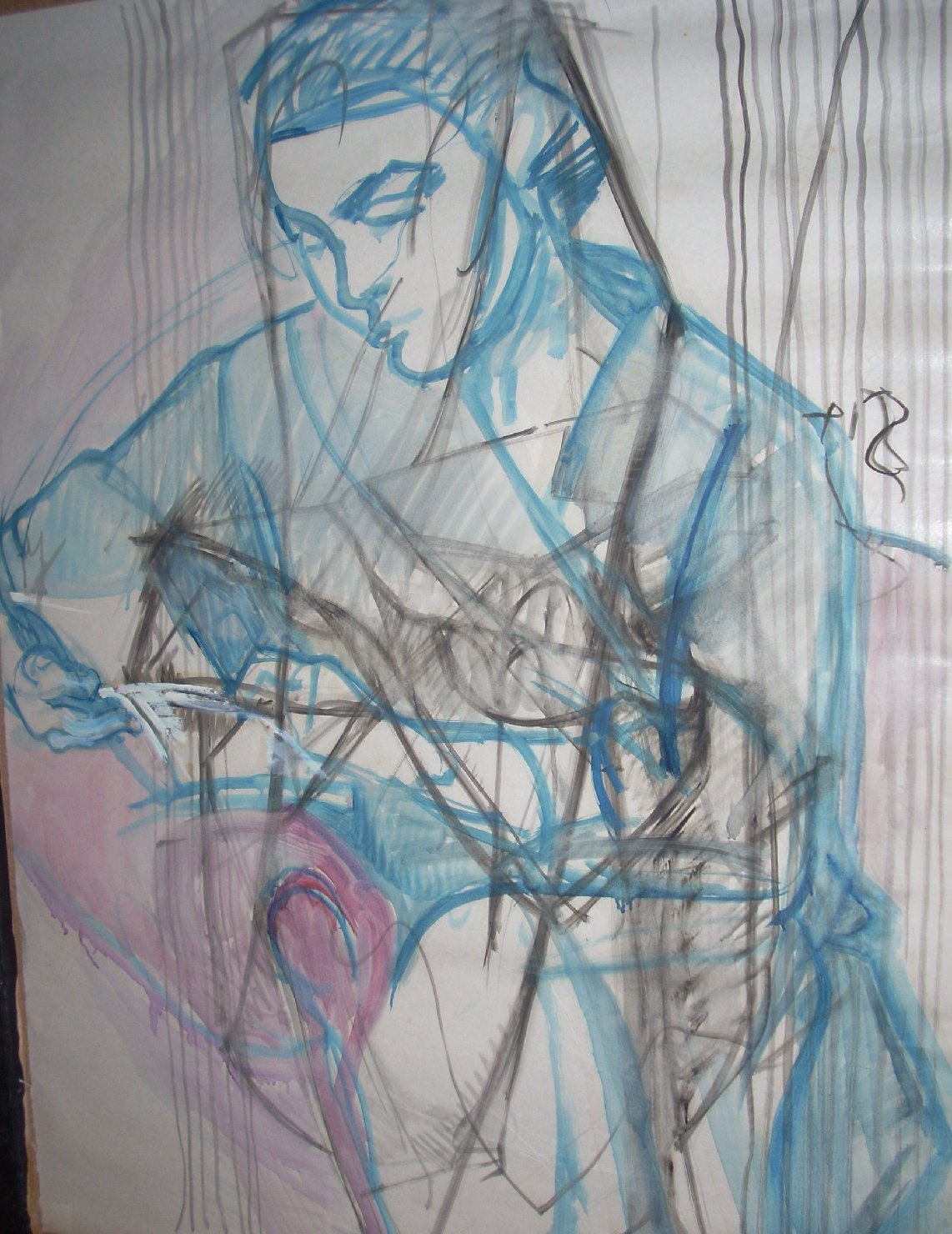 Grande schizzo di ragazza su poltrona rosa, figura femminile seduta (disegno) di Ciamarra Elena (sec. XX)