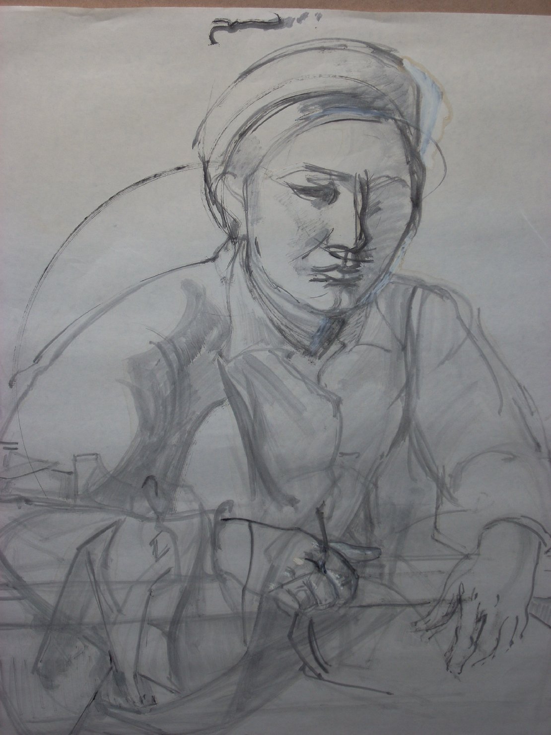 Donna con cappello appoggiata, figura femminile seduta (disegno) di Ciamarra Elena (sec. XX)