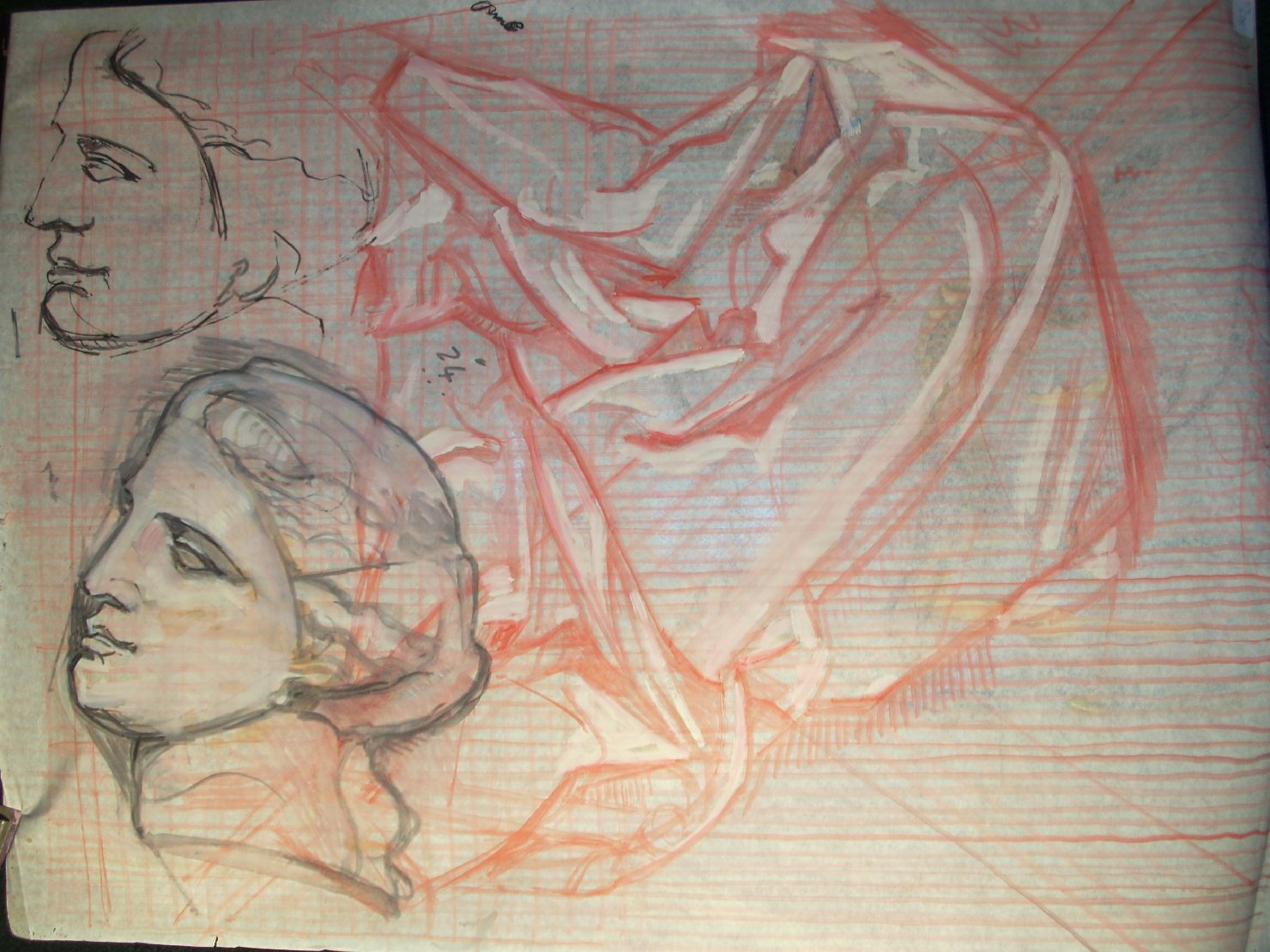 Studio di piega e teste in rosso e e nero, studio di teste (disegno) di Ciamarra Elena (sec. XX)