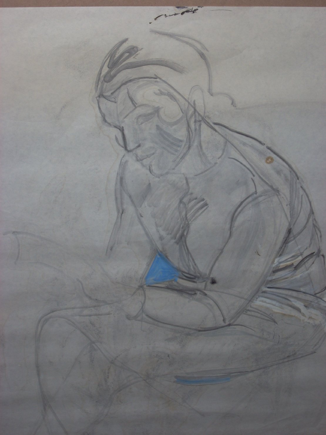 Abbozzo di lettrice con triangolo blu, figura femminile seduta (disegno) di Ciamarra Elena (sec. XX)