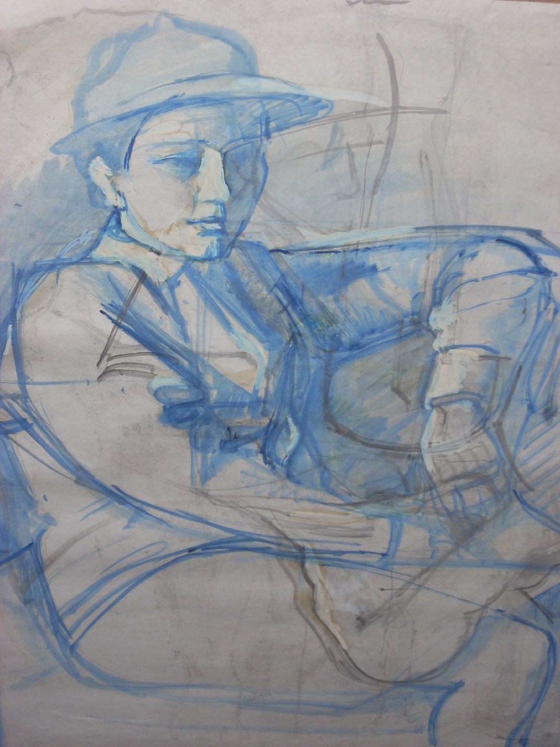 Garconne con cappello in blu, figura femminile seduta (disegno) di Ciamarra Elena (sec. XX)