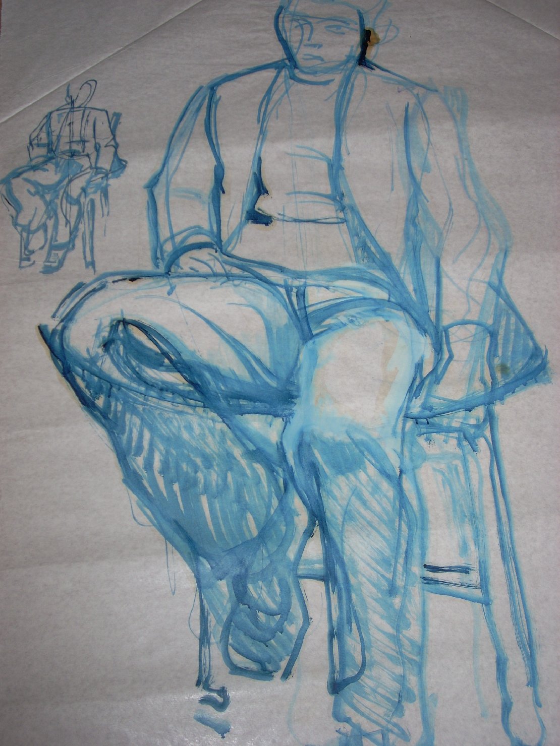 Doppio schizzo di uomo seduto in blu, figura maschile seduta (disegno) di Ciamarra Elena (sec. XX)