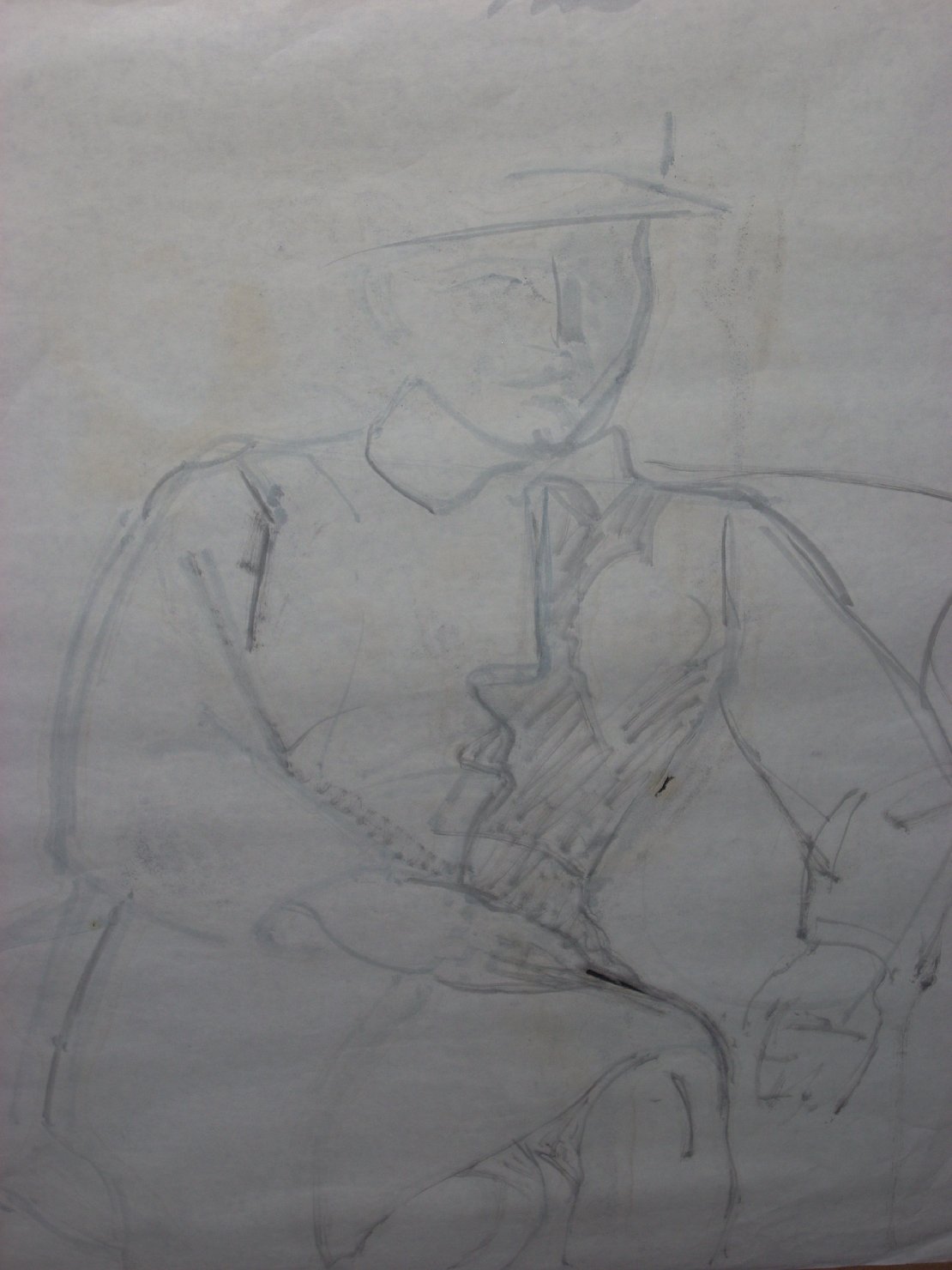 Abbozzo di donna con cappello in grigio, figura femminile seduta (disegno) di Ciamarra Elena (sec. XX)