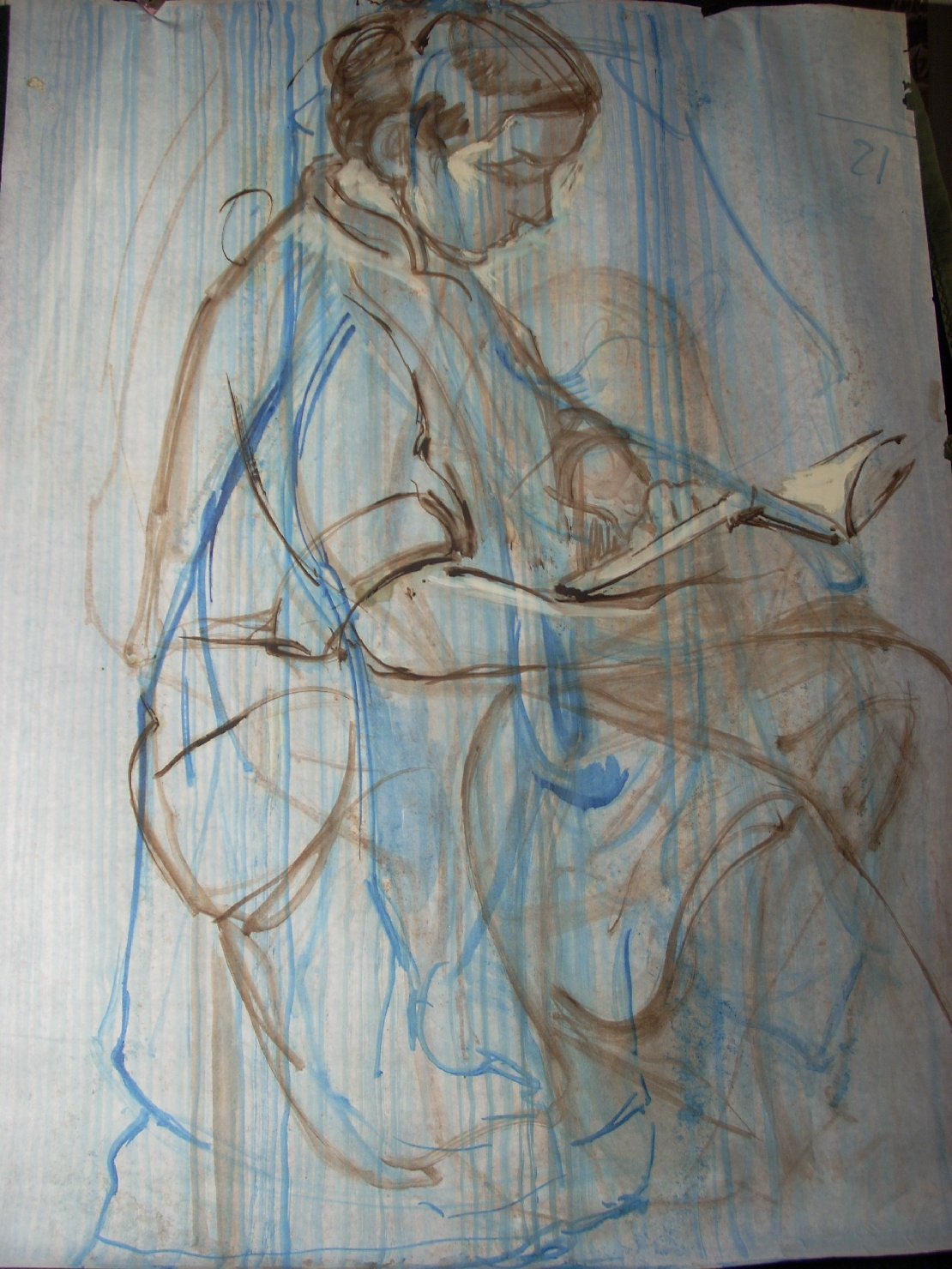 Schizzo in marrone e blu 3, figura femminile seduta (disegno) di Ciamarra Elena (sec. XX)