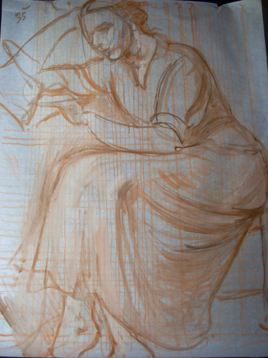 Schizzo in nero e arancio 6, figura femminile seduta (disegno) di Ciamarra Elena (sec. XX)